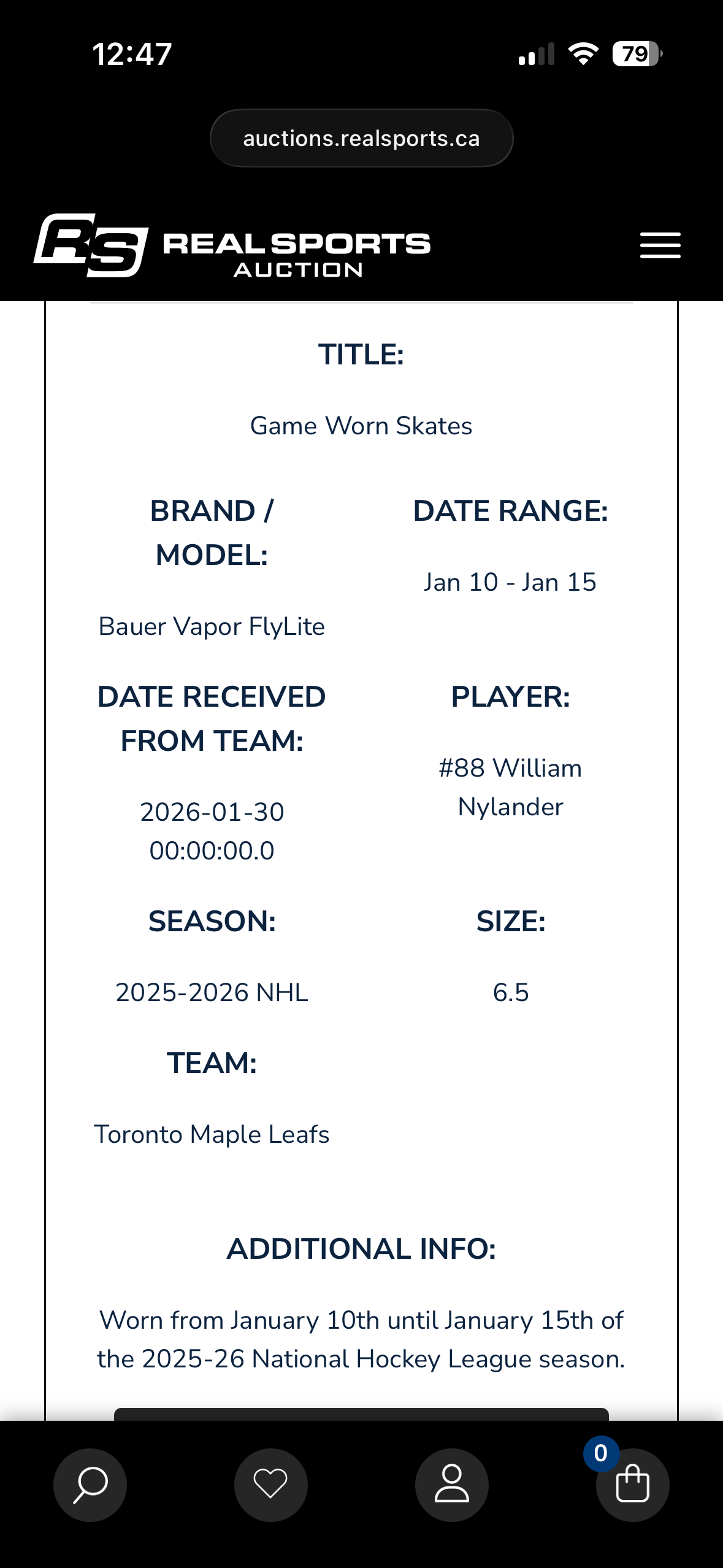 Bauer Vapor Flylite Pro Stock Hockey Skates - William Nylander - 6.5D (Game Matched)