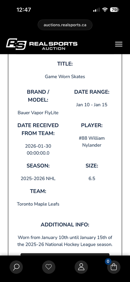 Bauer Vapor Flylite Pro Stock Hockey Skates - William Nylander - 6.5D (Game Matched)
